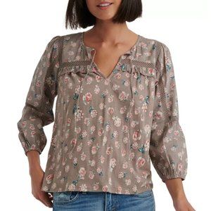Lucky Brand Printed Peasant Tan Pink Floral Top Blouse with Lace Trim Medium